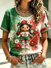 Women's Mexico Football Lover Lele Doll Art Printed T-shirt