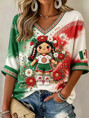 Women's Mexico Football Lover Lele Doll Art Printed T-shirt