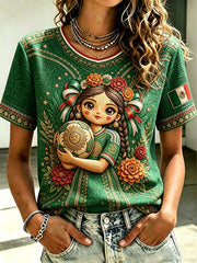 Women's Mexico Football Lover Lele Doll Art Printed T-shirt