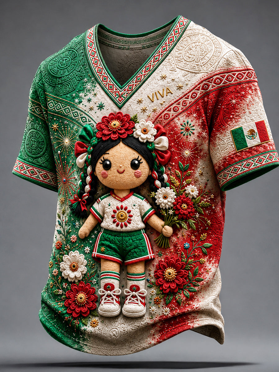 Men's Mexico Football Lover Lele Doll Art Printed V-neck T-shirt
