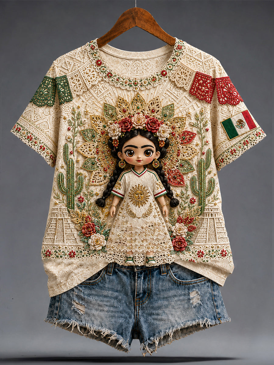 Women's Mexico Football Lover Lele Doll Art Printed T-shirt