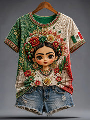 Women's Mexico Football Lover Lele Doll Art Printed T-shirt