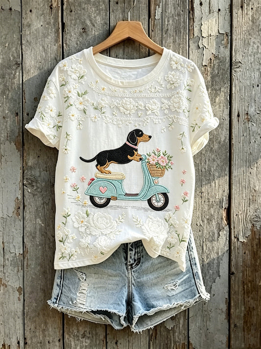 Women's Cute Dachshund Scooter Art Floral Print Short-sleeved T-shirt