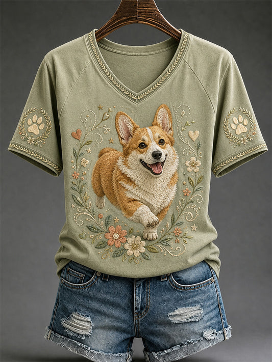 Women's Retro Dog Print Casual V-Neck Tee