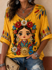 Women's Mexico Guelaguetza Lele Doll Art Printed Tops