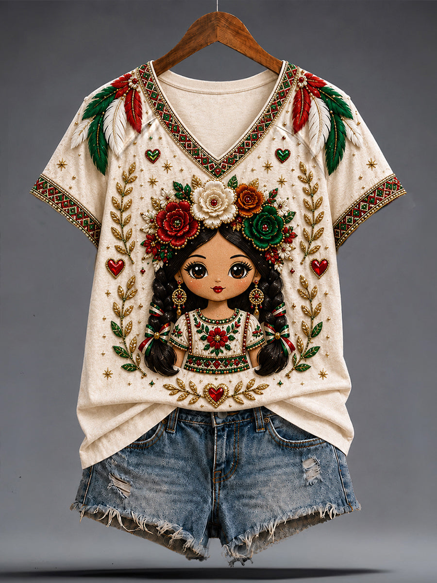 Women's Mexico Guelaguetza Lele Doll Art Printed T-shirt