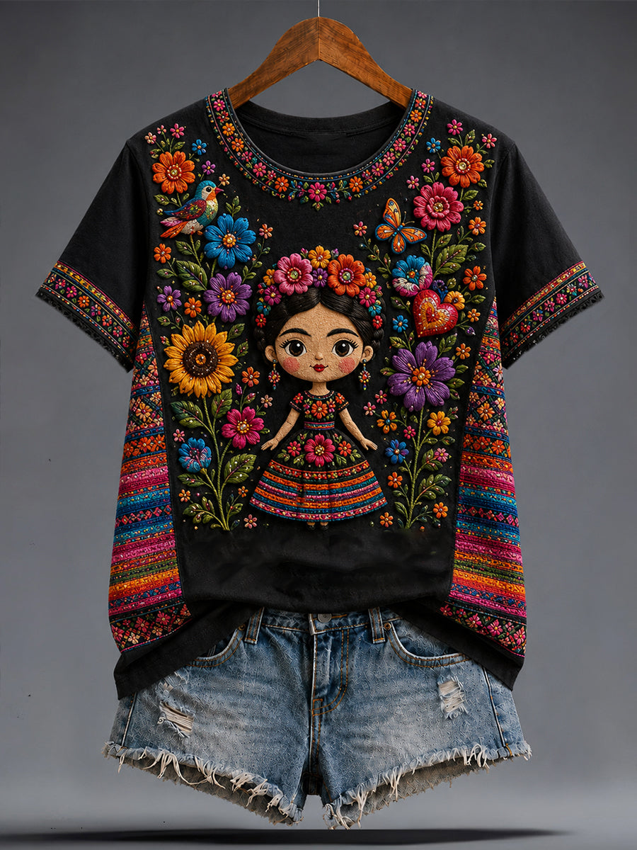 Women's Mexico Guelaguetza Lele Doll Art Printed T-shirt