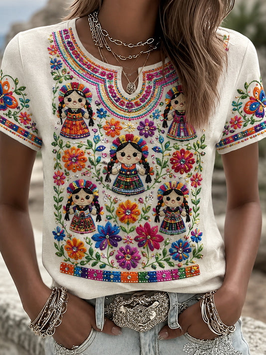 Women's Mexico Guelaguetza Lele Doll Art Printed Linen T-shirt