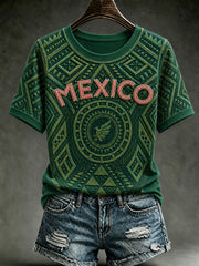 Women's Mexico Football Lover Art O-neck Short Sleeve T-shirt