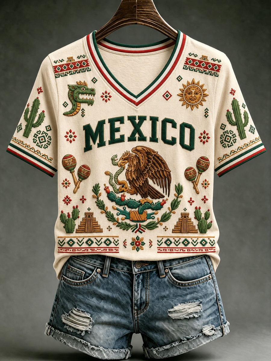 Women's Mexico Football Lover Art V-neck Short Sleeve T-shirt