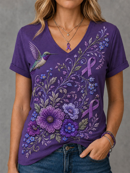 Women's Purple Floral & Hummingbird Print Alzheimer's Awareness Support V-Neck Tee