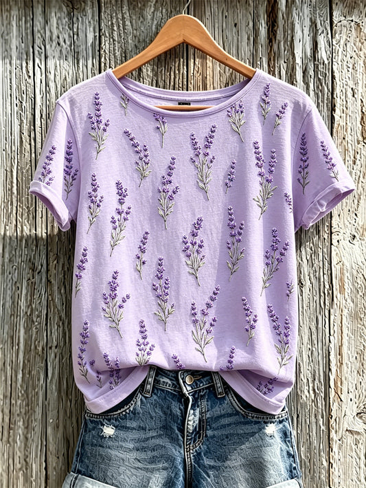 Women's purple plant flower pattern printed casual short-sleeved T-shirt