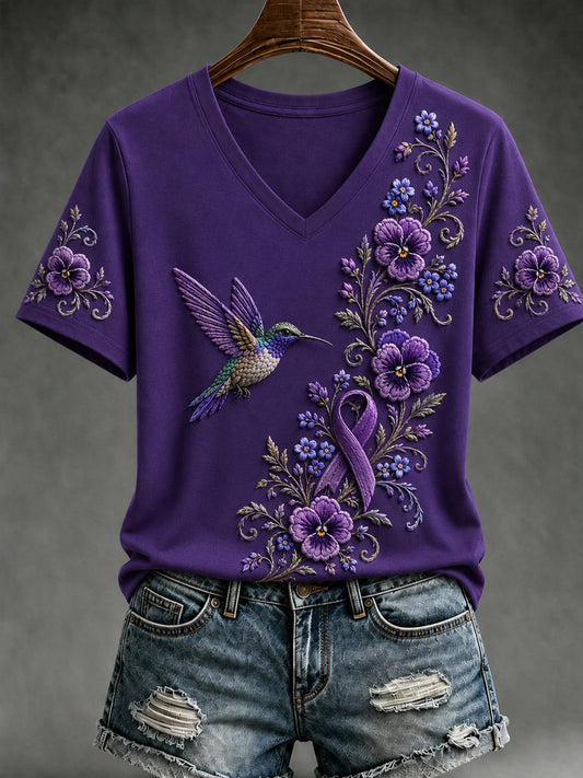 Women's Purple Floral & Hummingbird Print Alzheimer's Awareness Support V-Neck Short Sleeve T-shirt
