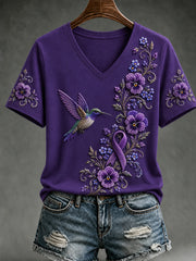 Women's Purple Floral & Hummingbird Print Alzheimer's Awareness Support V-Neck Short Sleeve T-shirt