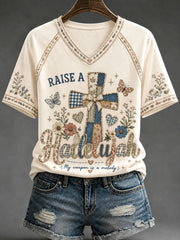 Women’s Patchwork Cross Print Casual T-Shirt