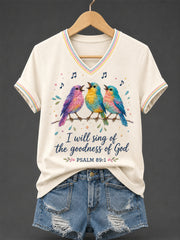 Women's I Will Sing Of The Goodness Of God Psalm 89:1 Christian Bird Print Casual V-Neck Tee