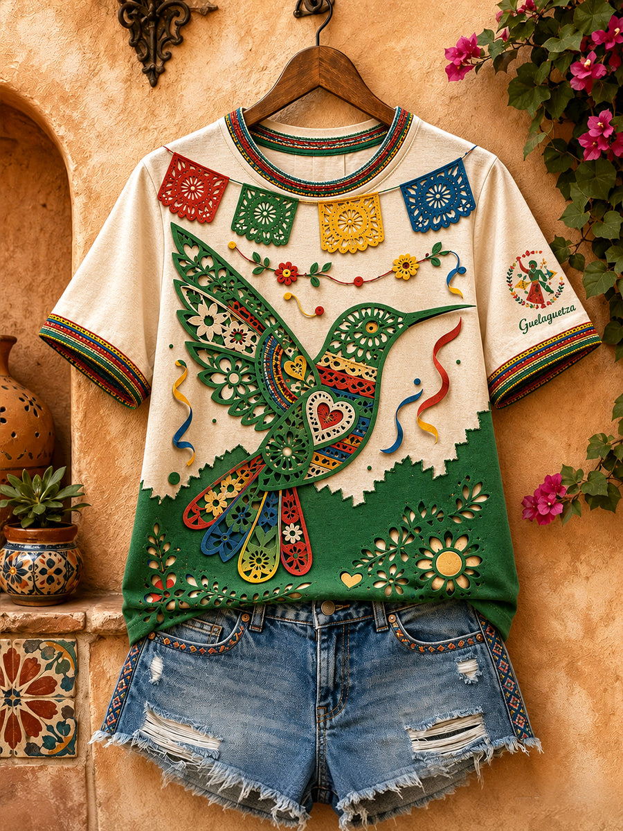 Women's Mexico Guelaguetza Hummingbird Art Printed Linen T-shirt