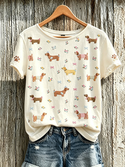 Women's cute dog pattern printed short-sleeved T-shirt