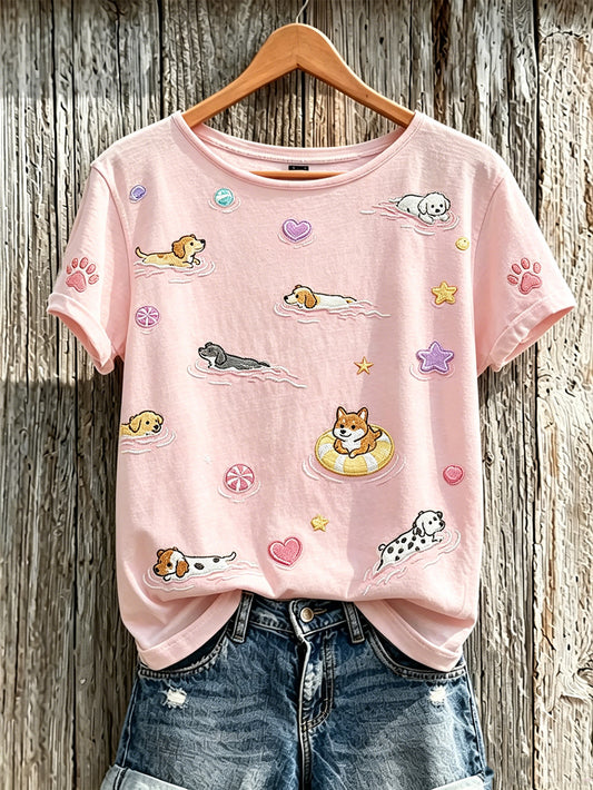 Women's cute dog pattern printed short-sleeved T-shirt