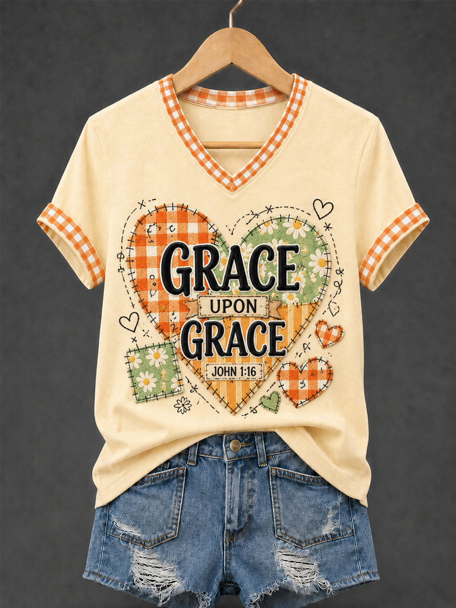 Women's Grace Upon Grace Plaid Print Casual V-Neck Tee