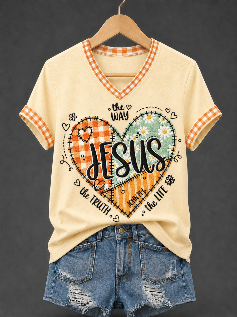 Women's Jesus The Way The Truth The Life Plaid Print Casual V-Neck Tee