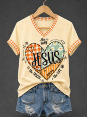 Women's Jesus The Way The Truth The Life Plaid Print Casual V-Neck Tee