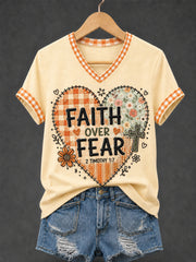 Women's Faith Over Fear Plaid Print Casual V-Neck Tee