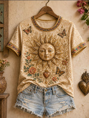 Women's Mexico Guelaguetza Clay Sun Faces Art Printed T-shirt
