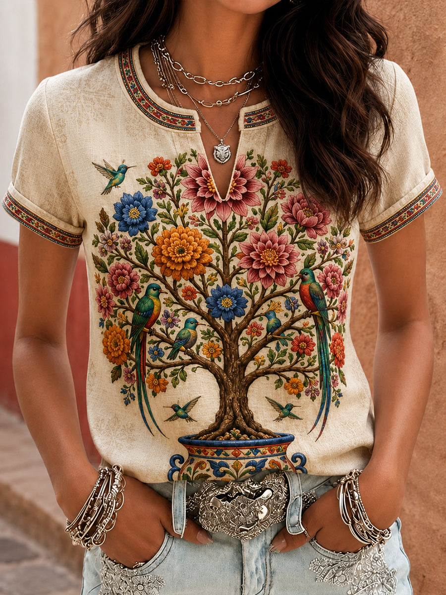Women's Mexico Guelaguetza Tree of Life Art Printed Linen T-shirt