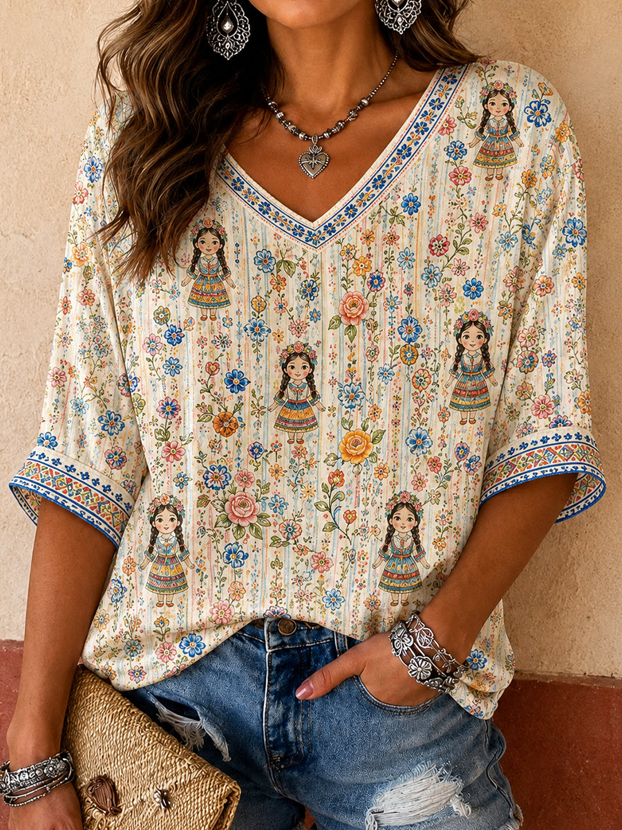 Women's Mexico Guelaguetza Lele Doll Art Printed T-shirt