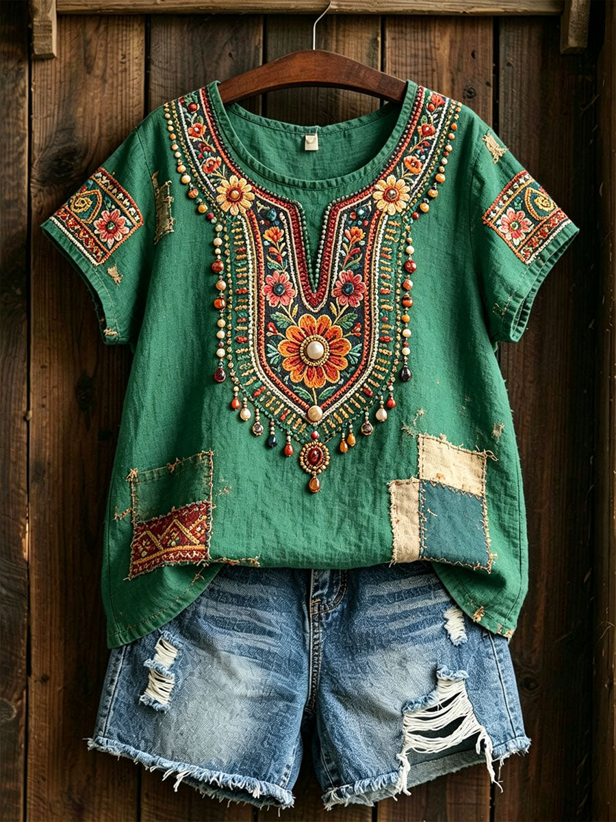 Women's Traditional Floral Pattern Cotton Linen Shirt