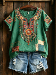 Women's Traditional Floral Pattern Cotton Linen Shirt