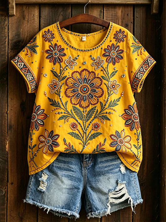 Women's Traditional Floral Pattern Cotton Linen Shirt