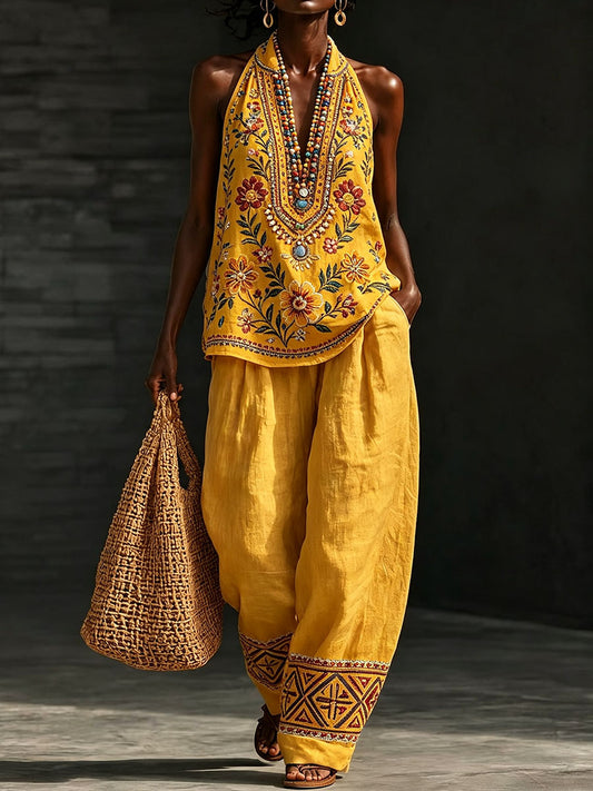 Women's Traditional Floral Pattern Cotton Linen Set