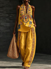 Women's Traditional Floral Pattern Cotton Linen Set