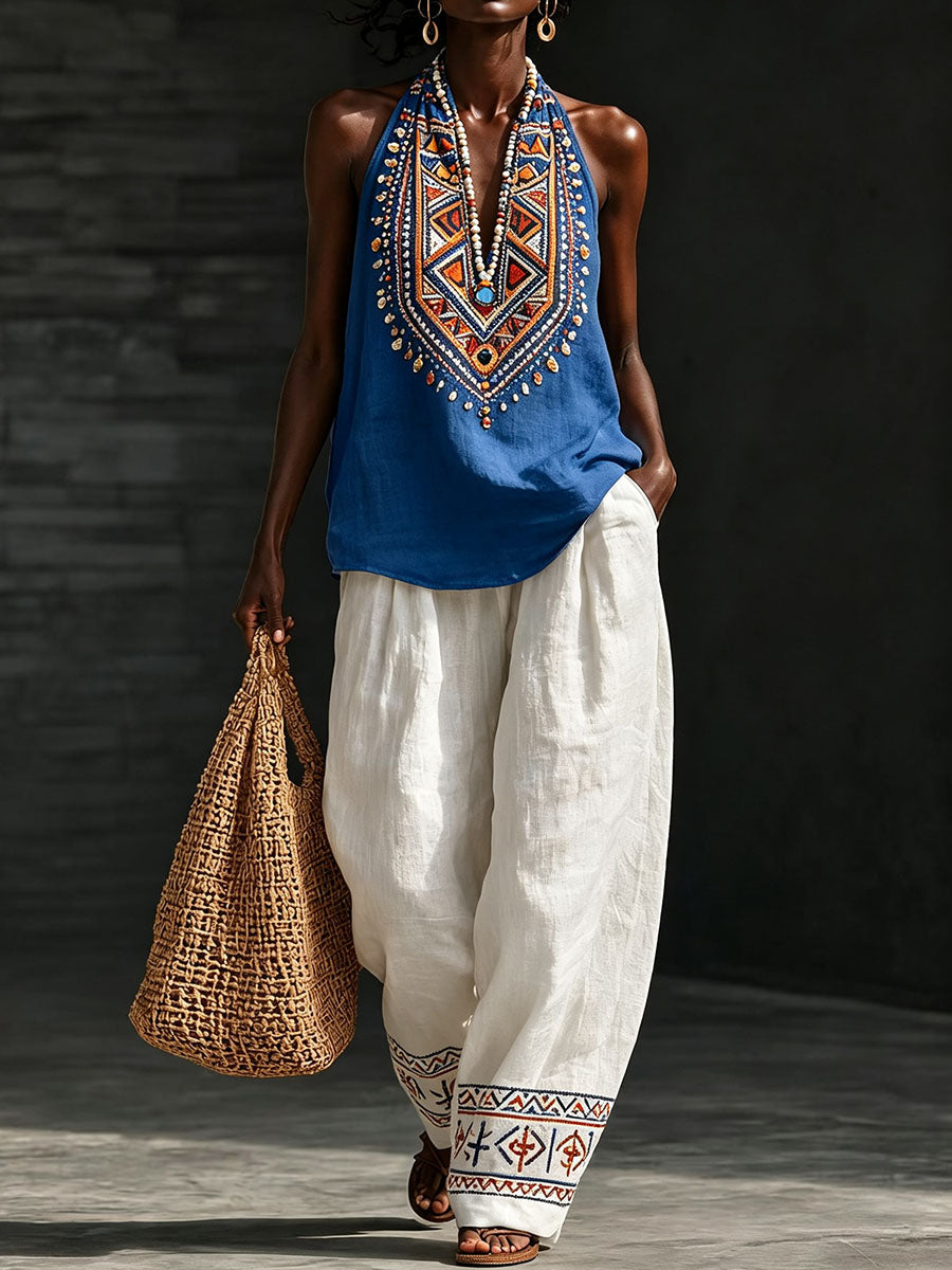 Women's Traditional Geometric Pattern Cotton Linen Set