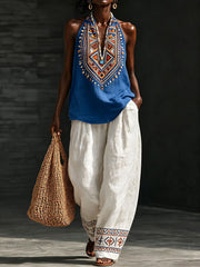 Women's Traditional Geometric Pattern Cotton Linen Set