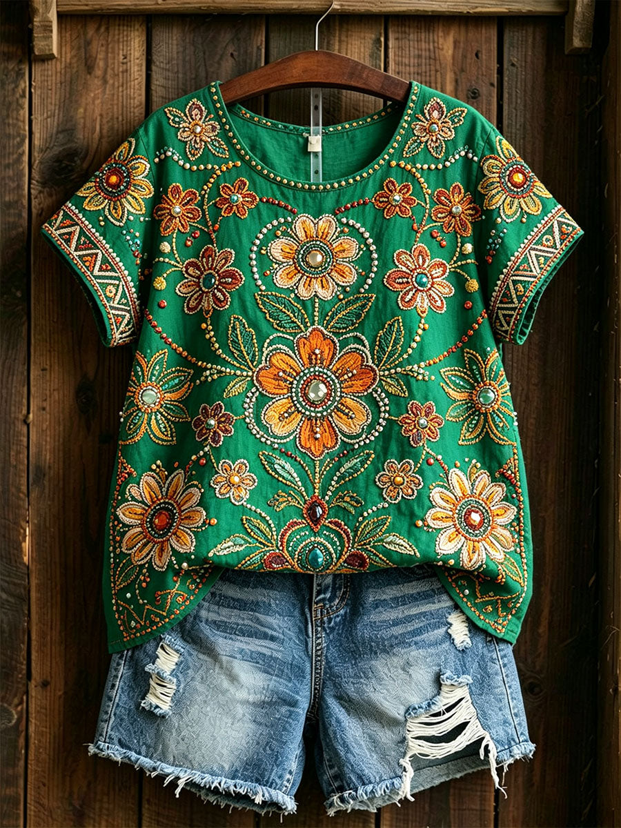 Women's Traditional Floral Pattern Cotton Linen Shirt