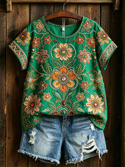 Women's Traditional Floral Pattern Cotton Linen Shirt