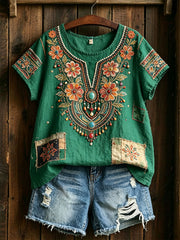 Women's Traditional Floral Pattern Cotton Linen Shirt