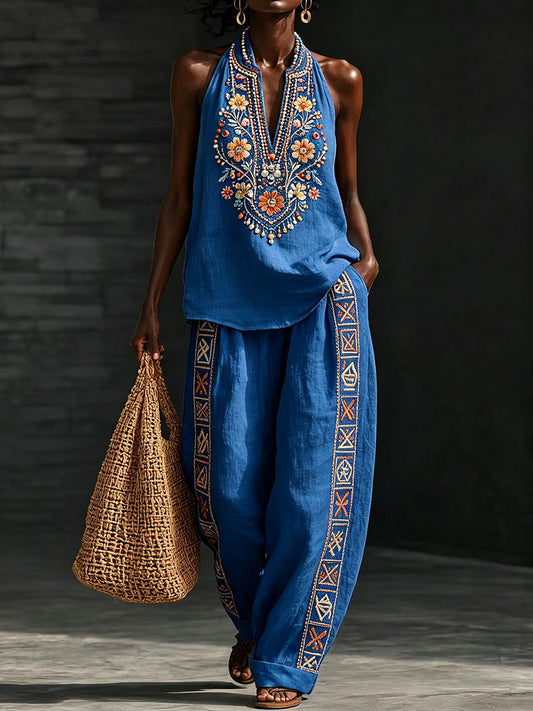 Women's Floral Pattern Cotton Linen Set