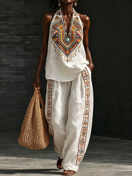 Women's Traditional Geometric Pattern Cotton Linen Set