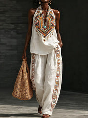 Women's Traditional Geometric Pattern Cotton Linen Set