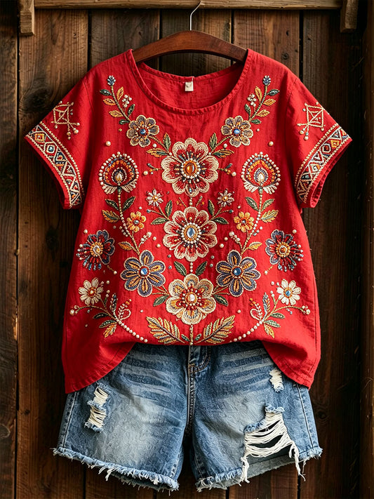 Women's Traditional Floral Pattern Cotton Linen Shirt