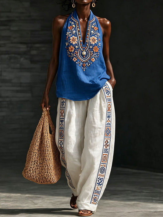 Women's Floral Pattern Cotton Linen Set