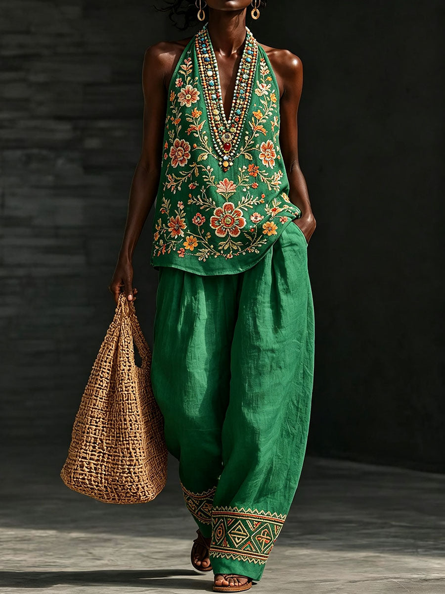 Women's Floral Pattern Cotton Linen Set