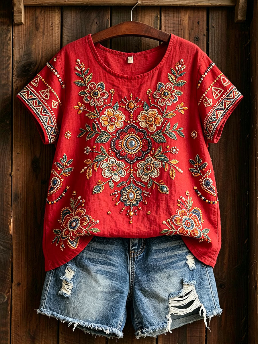 Women's Traditional Floral Pattern Cotton Linen Shirt