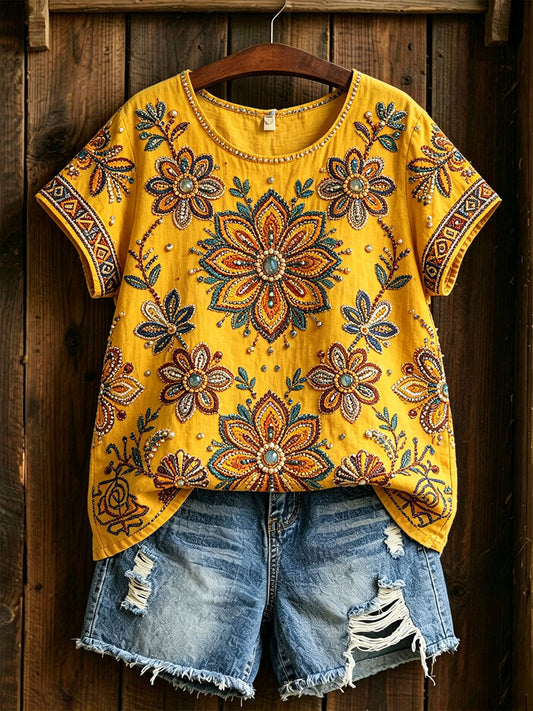 Women's Traditional Floral Pattern Cotton Linen Shirt