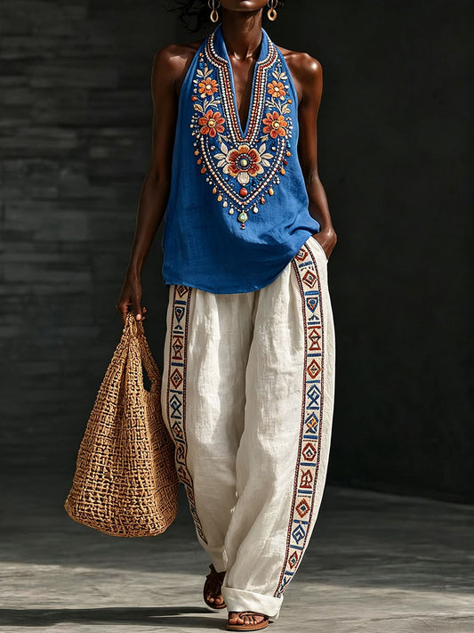 Women's Classic Floral Pattern Cotton Linen Set