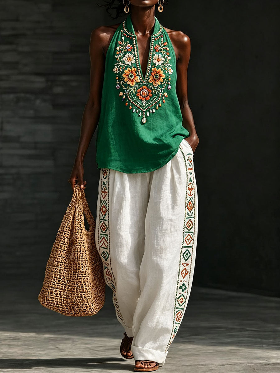 Women's Traditional Floral Pattern Cotton Linen Set